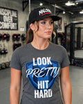 Look Pretty Hit Hard womens fitted tee - grey with blue shield