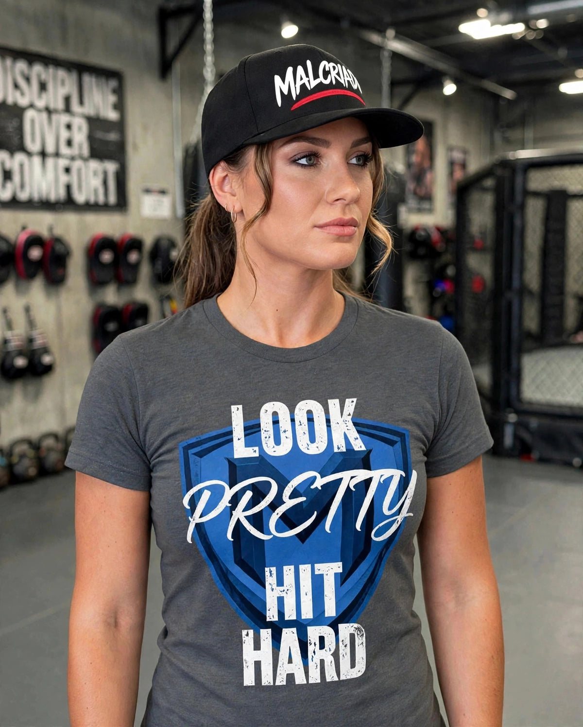 Look Pretty Hit Hard womens fitted tee - grey with blue shield
