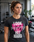 Model wearing Pink shield tee